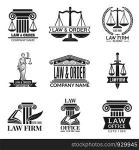 Law and legal labels. Legal code, judge hammer and other corporate symbols of jurisprudence. Black labels and badges of legal notes. Lawyer firm or company logo, vector illustration. Law and legal labels. Legal code, judge hammer and other corporate symbols of jurisprudence. Black labels and badges of legal notes