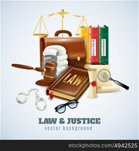 Law And Order Composition Background Poster . Law and justice legal system objects and symbols composition background poster with balance and judge wig vector illustration