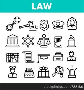 Law and Order Linear Vector Icons Set. Law, Jurisprudence Thin Line Contour Symbols Pack. Judicial System Pictograms Collection. Legal, Civil Rights. Lawyer, Judge, Courthouse Outline Illustrations. Law and Order Linear Vector Icons Set
