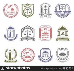 Law And Order Logo Stamps Set. Law and order logo stamps set with lawyer agency and justice center symbols flat isolated vector illustration