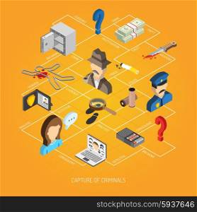 Law and police concept with isometric detective policeman evidence icons set vector illustration. Law Isometric Concept