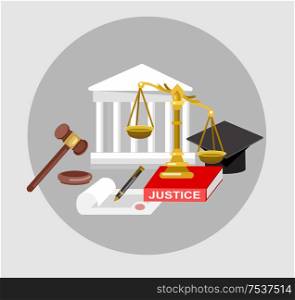 Law banner concept, judical system elements and icon. Law cool flat illustration, Law vector. Law horizontal banner set with judical system elements isolated vector illustration