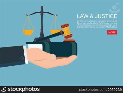 Law books and gavel with Hand concept vector.Hand holds law books and gavel.Law and justice, concept banner. Judge or lawyer with the attributes of the judicial system. Landing page, template. Flat vector illustration