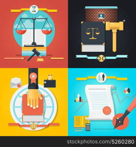 Law Composition Set. Colorful law 2x2 composition set with various objects for working in court flat isolated vector illustration