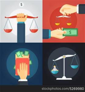 Law Composition Set. Flat design 2x law composition set with balance scale and cash money on colorful backgrounds isolated vector illustration