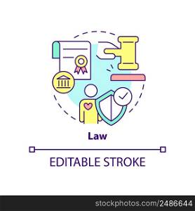 Law concept icon. System of rules in community. Legislation. Social institution abstract idea thin line illustration. Isolated outline drawing. Editable stroke. Arial, Myriad Pro-Bold fonts used. Law concept icon
