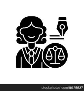 Law department black glyph icon. Dealing with legal affairs. Ensuring company legality and compliance actions. Litigation, investigation. Silhouette symbol on white space. Vector isolated illustration. Law department black glyph icon