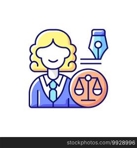 Law department RGB color icon. Dealing with legal affairs. Ensuring company legality and compliance actions. Litigation, investigation. Reviewing rules, contracts. Isolated vector illustration. Law department RGB color icon
