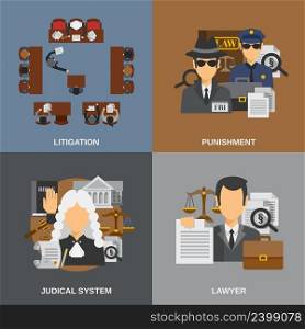 Law design concept set with punishment flat icons isolated vector illustration. Law Flat Set