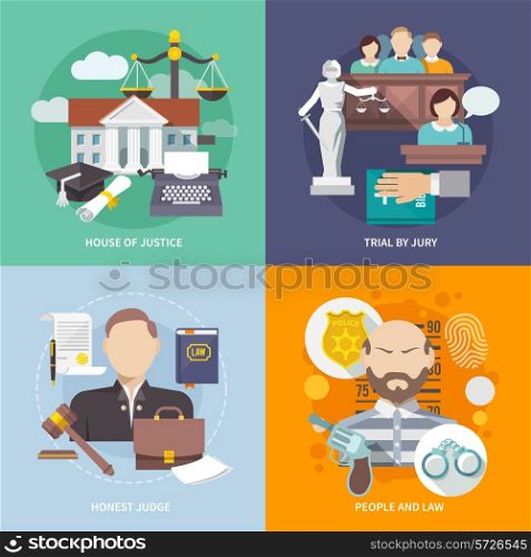 Law design concept with house of justice trial by jury honest judge icon flat set isolated vector illustration