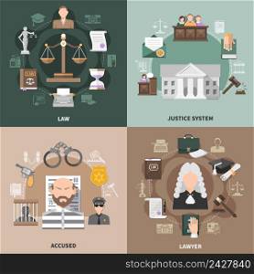 Law design concept with round compositions of flat crime and justice related icons with human characters vector illustration. Public Justice Design Concept