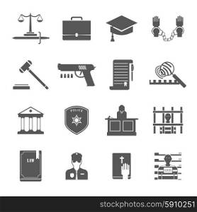 Law Enforcement Icons Set. Law enforcement and court black white icons set with lawyers police and criminal flat isolated vector illustration