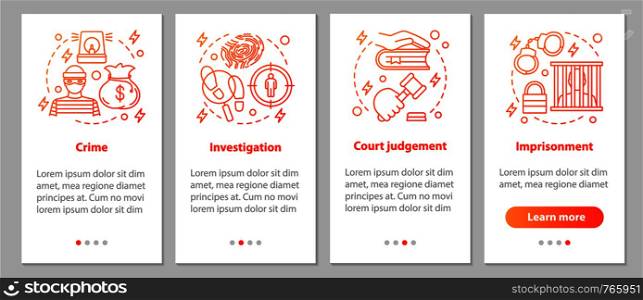 Law enforcement onboarding mobile app page screen with linear concepts. Crime, investigation, court judgement, imprisonment steps graphic instructions. UX, UI, GUI vector template with illustrations. Law enforcement onboarding mobile app page screen with linear co