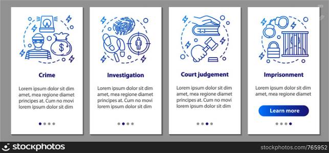 Law enforcement onboarding mobile app page screen with linear concepts. Crime, investigation, court judgement, imprisonment steps graphic instructions. UX, UI, GUI vector template with illustrations. Law enforcement onboarding mobile app page screen with linear co