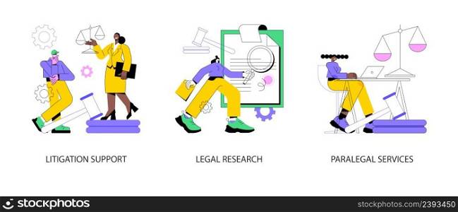 Law firm abstract concept vector illustration set. Litigation support,≤gal research,¶≤gal services, forensic accounting, consu<ing, data col≤ction, attor≠y≤gal work abstract metaphor.. Law firm abstract concept vector illustrations.