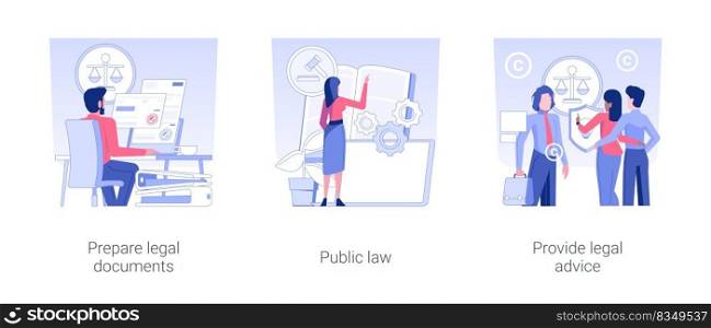 Law firm service isolated concept vector illustration set. Prepare legal documents, public law, provide legal advice, contract and patent application, rights protection vector cartoon.. Law firm service isolated concept vector illustrations.