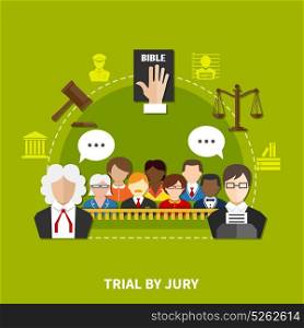 Law Flat Composition. Law flat composition with employees and participants of process and trial by jury vector illustration