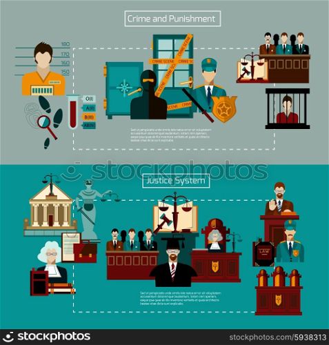 Law horizontal banner set with crime and punishment elements isolated vector illustration. Law Banner Set
