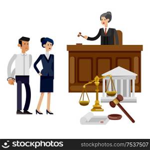 Law horizontal banner set with judical system elements and Law Vector detailed character the judge and the lawyer, Law cool flat illustration, Law vector. Law horizontal banner set with judical system elements isolated vector illustration