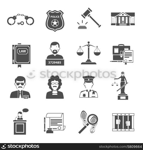 Law icon flat black set with lawyer courthouse judge isolated vector illustration. Law Icon Flat