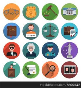 Law icon flat set with handcuffs attorney scales gavel isolated vector illustration. Law Icon Flat