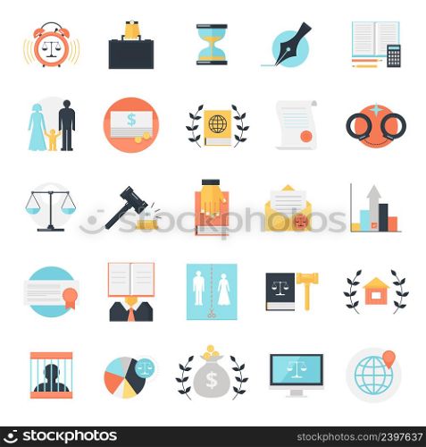 Law icon set of twenty five flat isolated colorful image compositions with conceptual legal profession signs vector illustration. Legal Profession Icons Collection