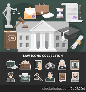 Law icons background with set of isolated emoji style justice icons and flat legal images composition vector illustration. Justice Icons Set Background