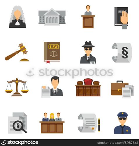 Law icons flat set with judge courthouse bible isolated vector illustration. Law Icons Flat Set