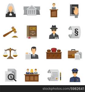 Law icons flat set with judge courthouse bible isolated vector illustration. Law Icons Flat Set