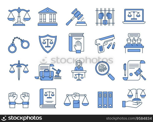 Law icons. Scales of justice, court and lawyers symbols. Judges gavel, legal documents and jail linear vector illustration set. Magnifier showing fingerprint, gun and handcuffs collection. Law icons. Scales of justice, court and lawyers symbols. Judges gavel, legal documents and jail linear vector illustration set