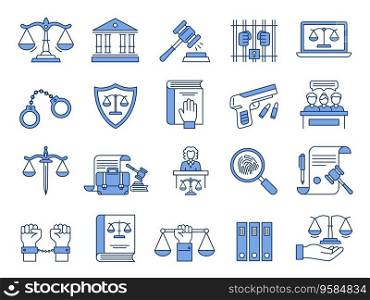 Law icons. Scales of justice, court and lawyers symbols. Judges gavel, legal documents and jail linear vector illustration set. Magnifier showing fingerprint, gun and handcuffs collection. Law icons. Scales of justice, court and lawyers symbols. Judges gavel, legal documents and jail linear vector illustration set