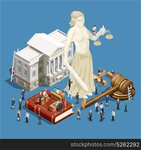 Law Isometric Icon. Law and justice symbols isometric icon concept on blue background 3d vector illustration