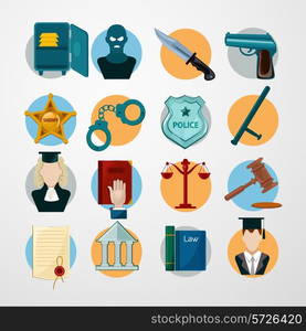 Law judgment and police icons flat set with safe criminal knife gun isolated vector illustration