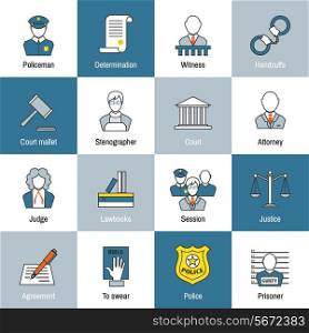 Law justice and legislation flat line icons set of judge scales courthouse and jail isolated vector illustration