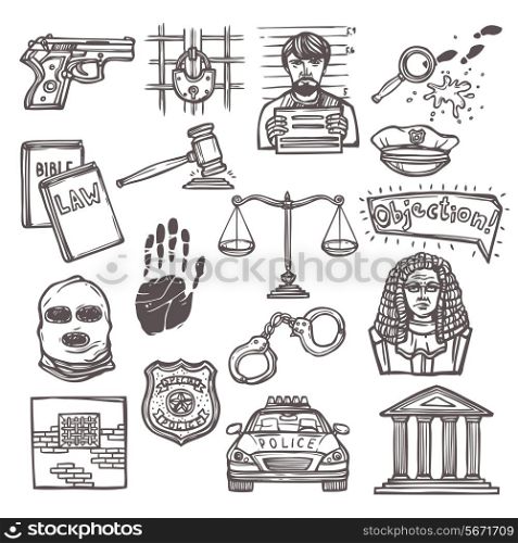 Law justice and legislation icon sketch set isolated vector illustration
