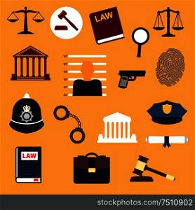 Law, justice and police flat icons set. Lawbook, prisoner photo, handcuff, gun, fingerprint, policeman peaked caps, court building, magnifier, gavel, scales, paper scroll and briefcase