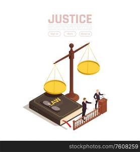 Law justice isometric background with images of weights with book and people with clickable text buttons vector illustration