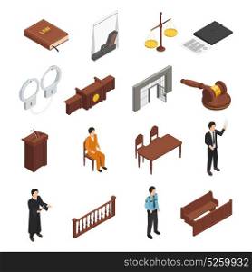Law Justice Isometric Icons Set . Law justice symbols isometric icons collection with bible handcuffs criminal defendant and prosecuting attorney isolated vector illustration