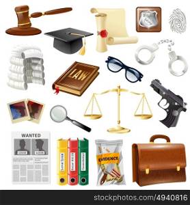 Law Justice Objects And Symbols Collection . Law and justice objects symbols collection with attorney briefcase handgun crime evidence and balance isolated vector illustration
