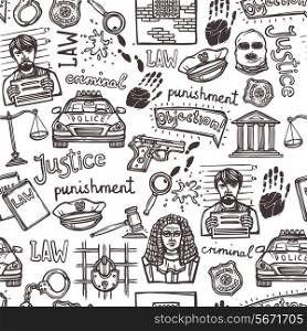 Law justice police and criminal icons sketch seamless pattern vector illustration