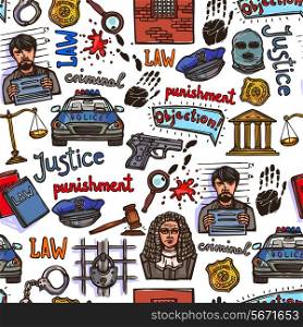 Law justice police and legislation icon color sketch seamless pattern vector illustration