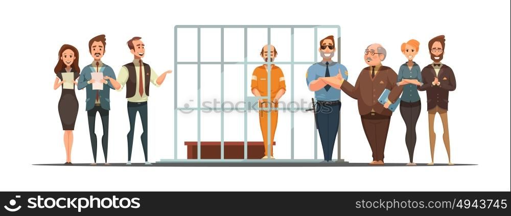Law Justice Sentence Retro Cartoon POster. Law and justice retro cartoon poster with sentence announcement and convict behind bars white background vector illustration