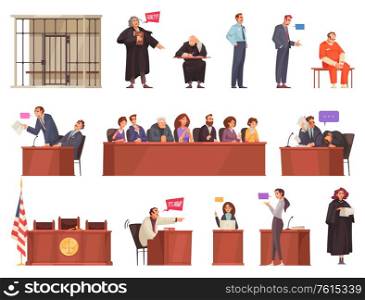 Law justice set with isolated icons of wooden tribunes and doodle style charactets of sitting people vector illustration