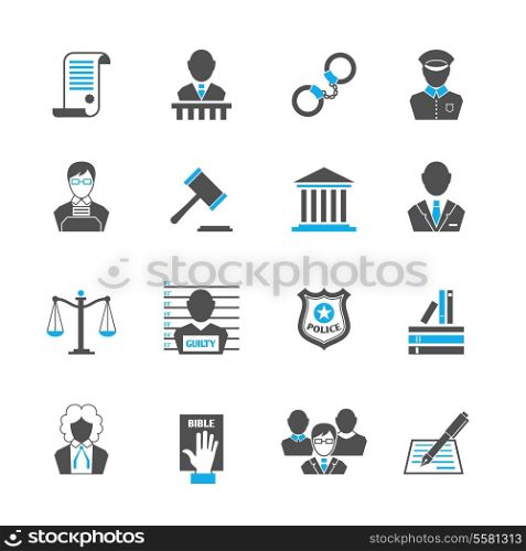 Law legal justice crime and punishment icons set with handcuff barrister isolated vector illustration