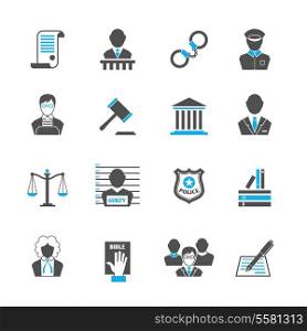 Law legal justice crime and punishment icons set with handcuff barrister isolated vector illustration