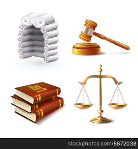 Law legal justice icons set with judge wig gavel books and scales isolated vector illustration