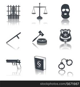 Law legal justice judge and legislation black icons set with gavel court jail isolated vector illustration