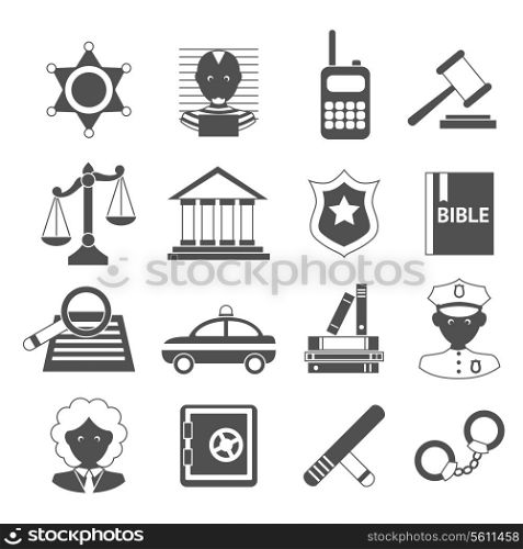 Law legal justice judge police and legislation black and white icons set isolated vector illustration