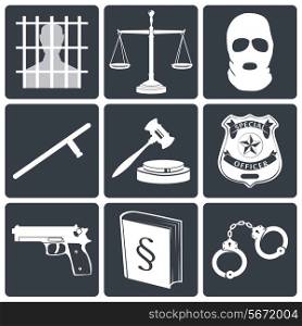 Law legal justice white on black icons set with jail scales and mask isolated vector illustration
