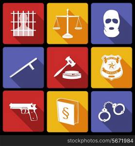 Law legal justice white on flat icons set with badge gavel gun isolated vector illustration